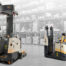 Crown manufacturer illustration combining automated trucks with a warehouse background
