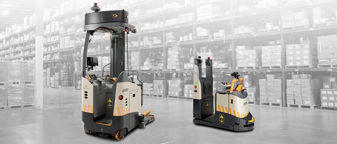 Crown manufacturer illustration combining automated trucks with a warehouse background